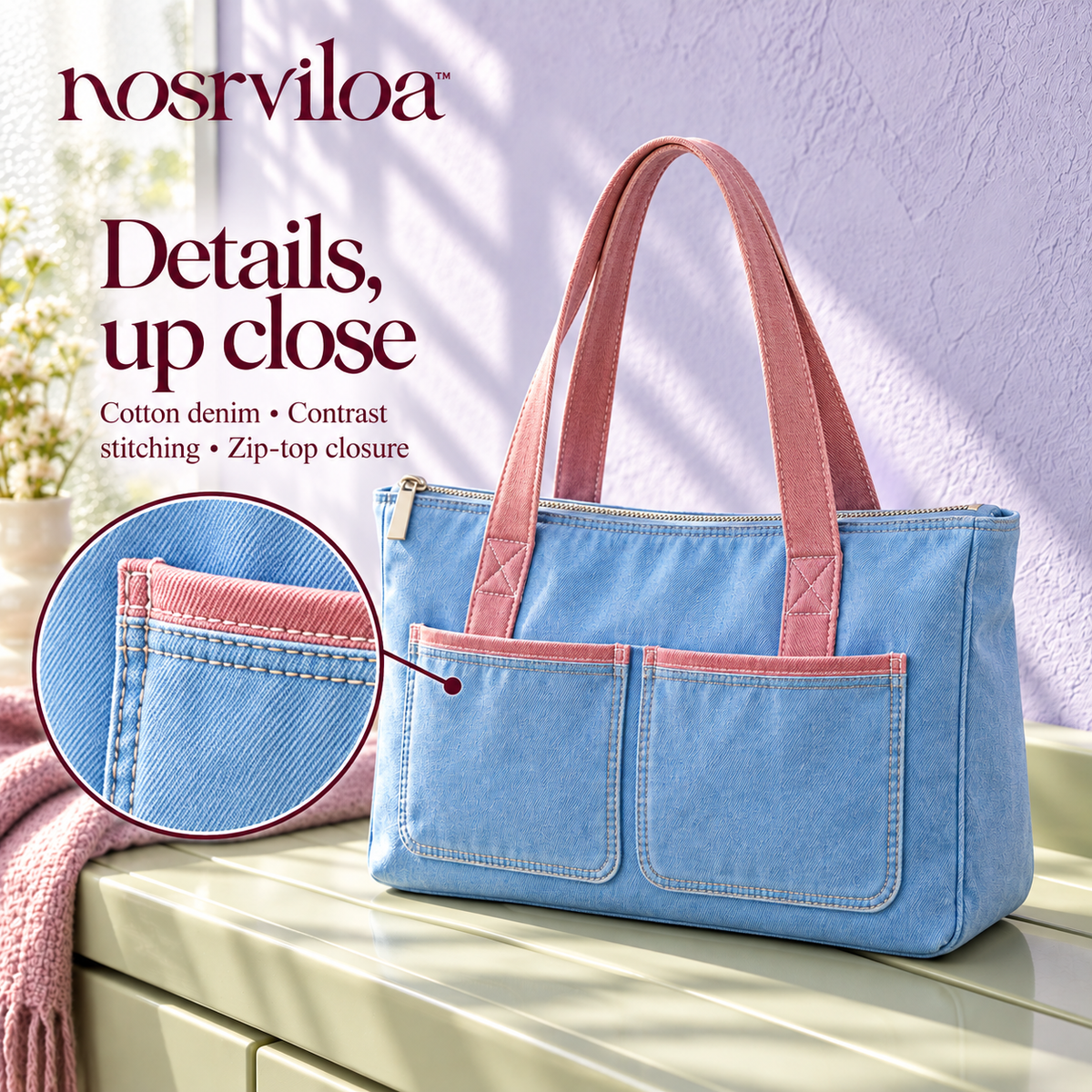 nosrviloa™ DenimDaze Pocket Tote Bag for Women, Blue Denim Zip-Top Shoulder Tote with Contrast Stitching