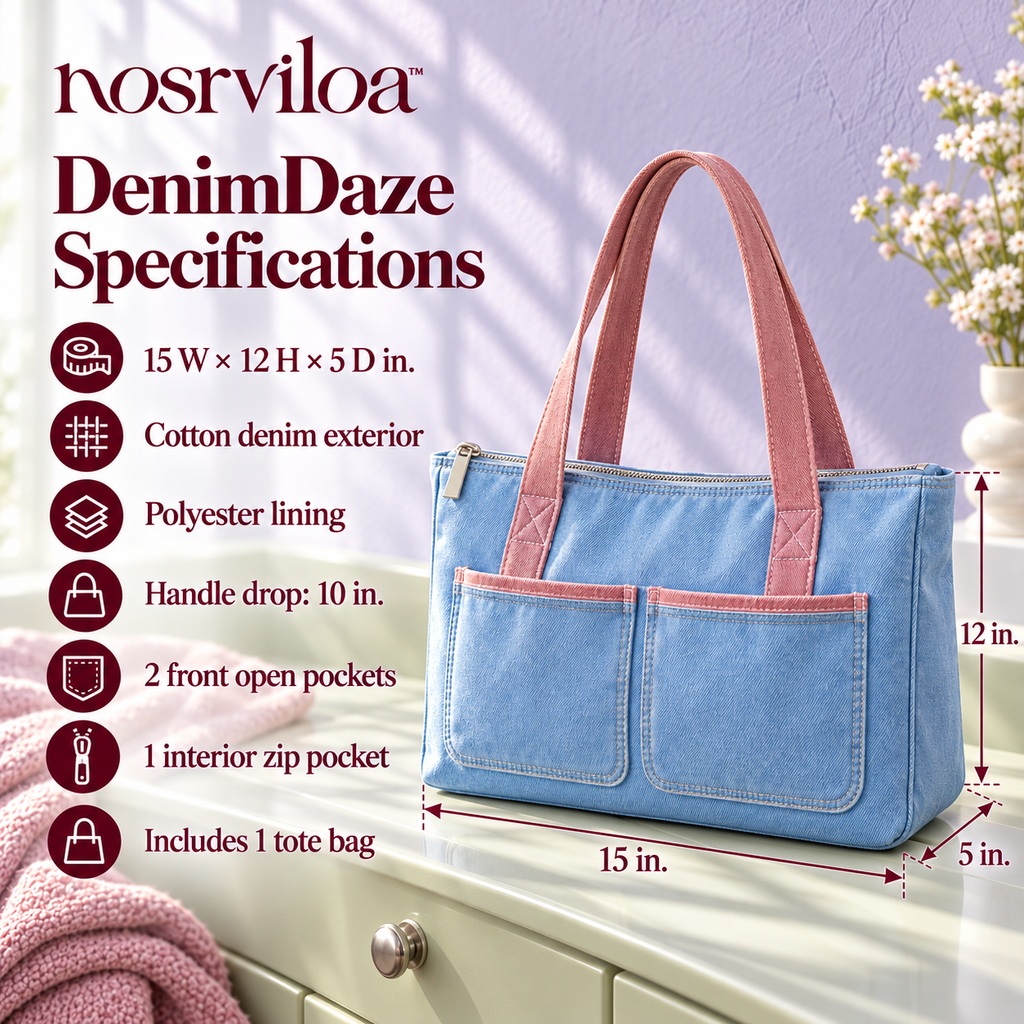 nosrviloa™ DenimDaze Pocket Tote Bag for Women, Blue Denim Zip-Top Shoulder Tote with Contrast Stitching