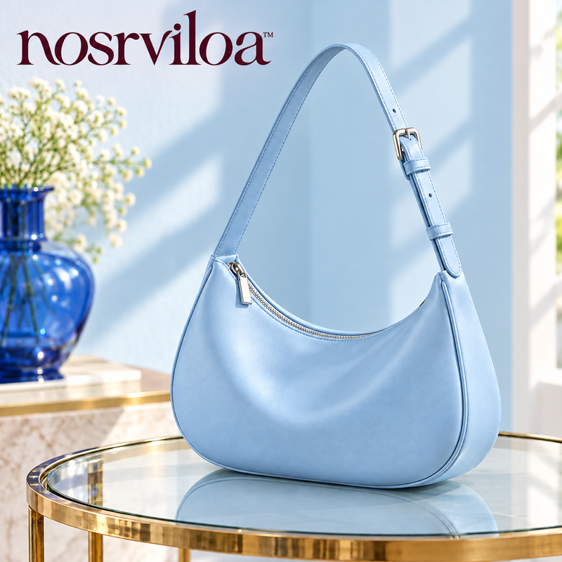 nosrviloa™ MoonMuse Crescent Shoulder Bag for Women, Faux Leather Zip-Top Hobo Purse with Adjustable Buckle Strap