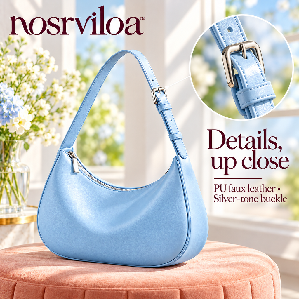 nosrviloa™ MoonMuse Crescent Shoulder Bag for Women, Faux Leather Zip-Top Hobo Purse with Adjustable Buckle Strap