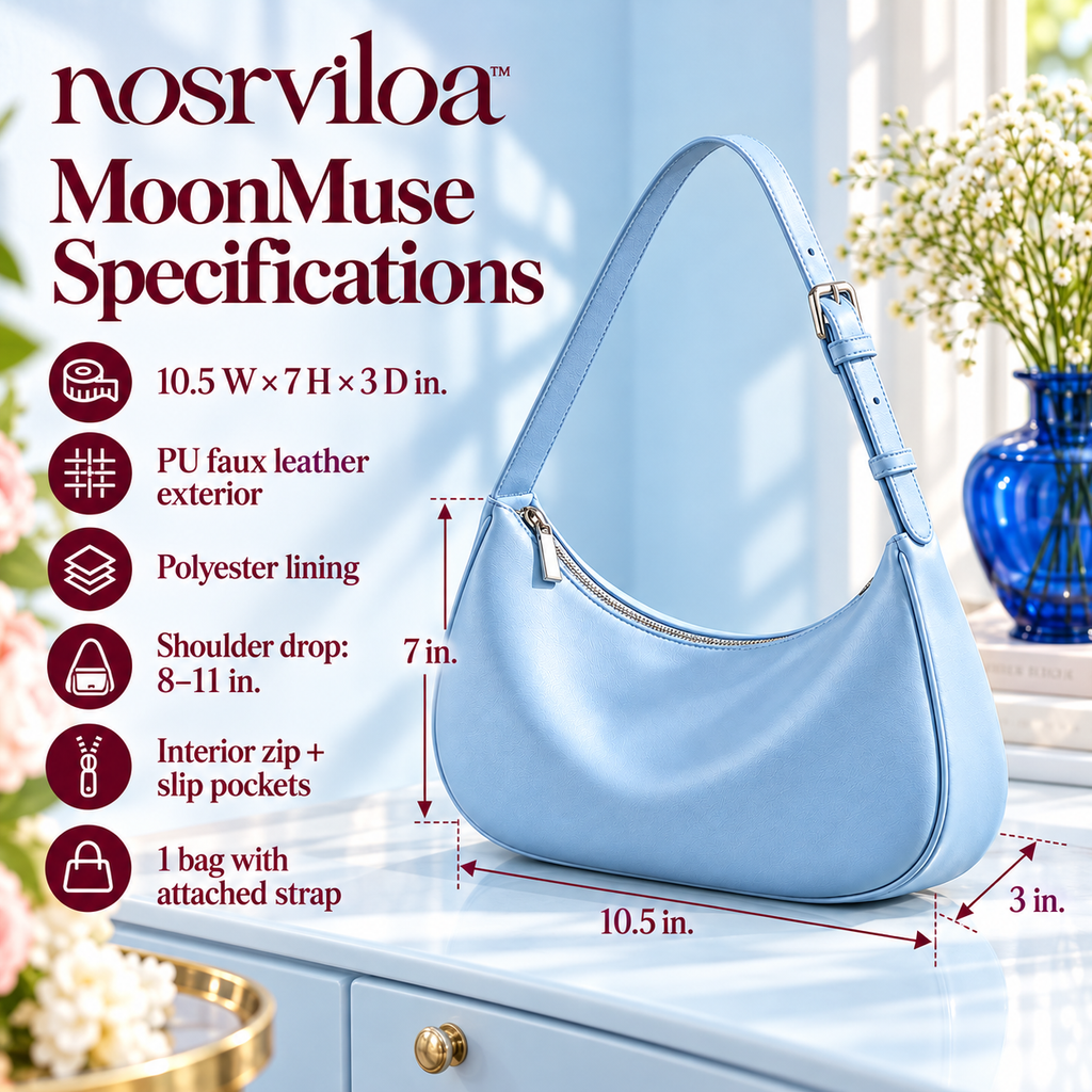 nosrviloa™ MoonMuse Crescent Shoulder Bag for Women, Faux Leather Zip-Top Hobo Purse with Adjustable Buckle Strap