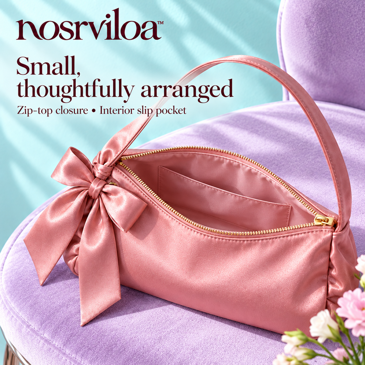 nosrviloa™ BowAfter Satin Shoulder Bag for Women, Mini Evening Purse with Removable Bow and Zipper Closure