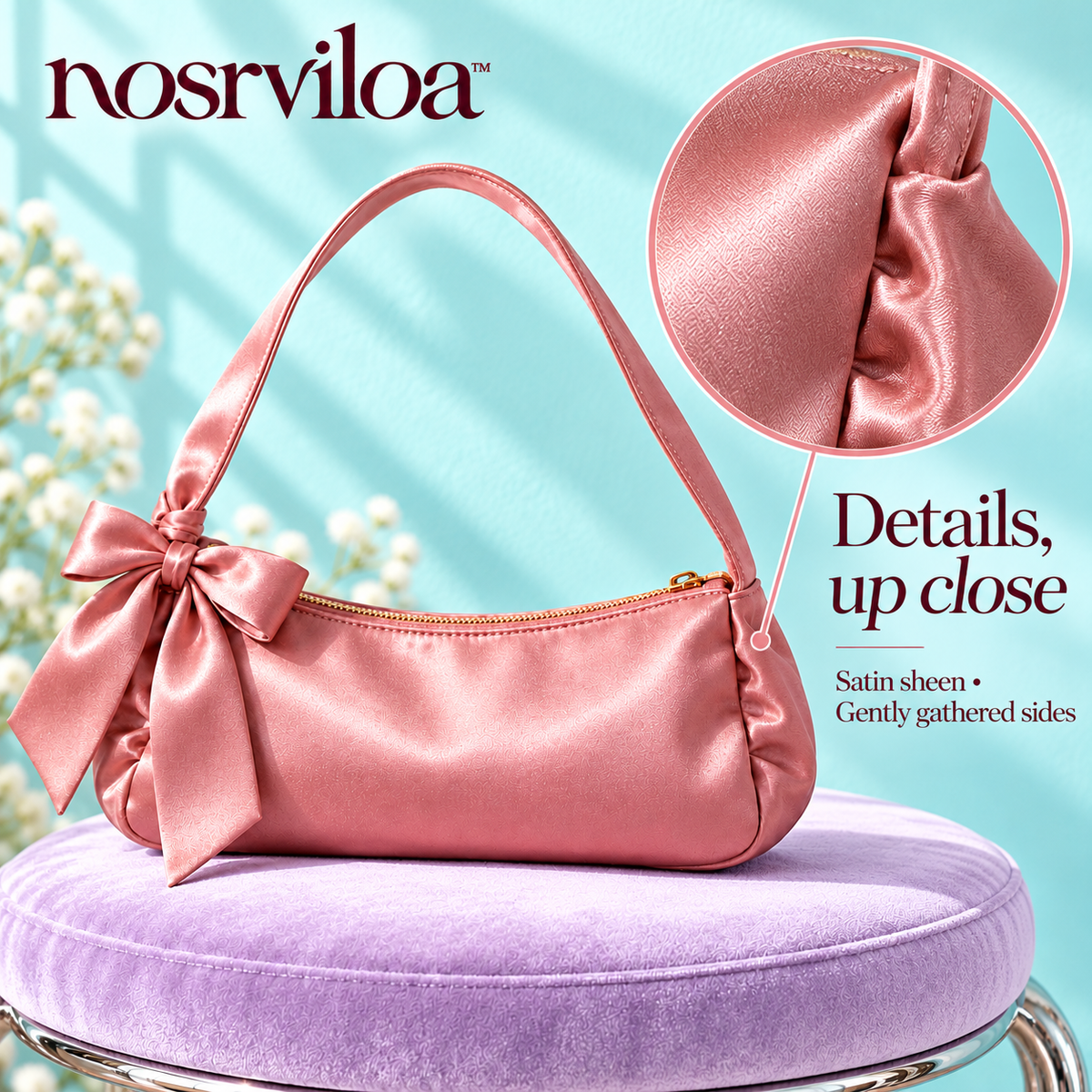 nosrviloa™ BowAfter Satin Shoulder Bag for Women, Mini Evening Purse with Removable Bow and Zipper Closure