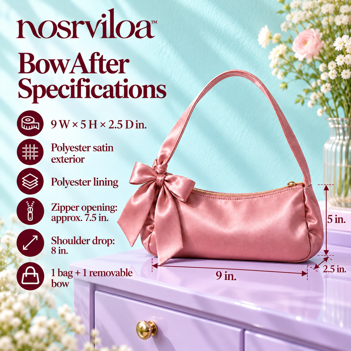 nosrviloa™ BowAfter Satin Shoulder Bag for Women, Mini Evening Purse with Removable Bow and Zipper Closure
