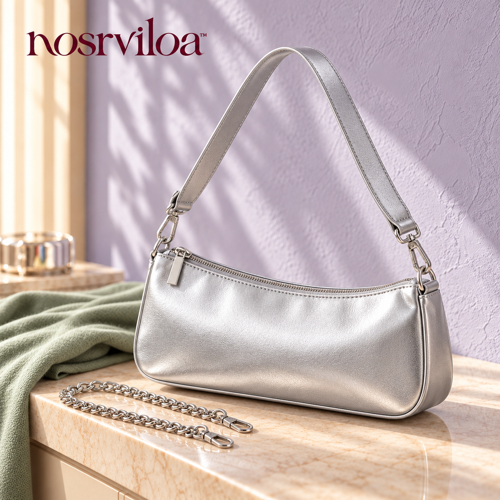 nosrviloa™ CityGlint East-West Shoulder Bag for Women, Metallic Faux Leather Rectangular Purse with Two Removable Straps