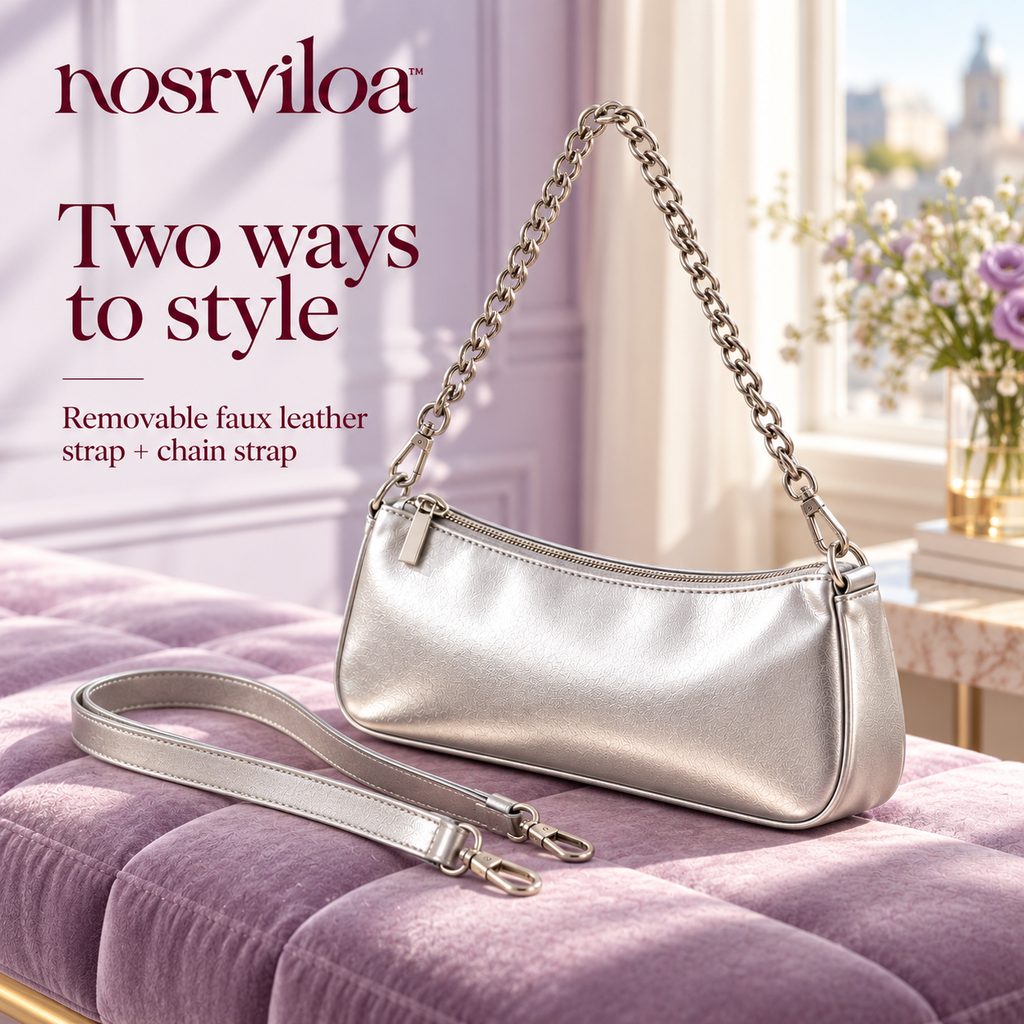 nosrviloa™ CityGlint East-West Shoulder Bag for Women, Metallic Faux Leather Rectangular Purse with Two Removable Straps