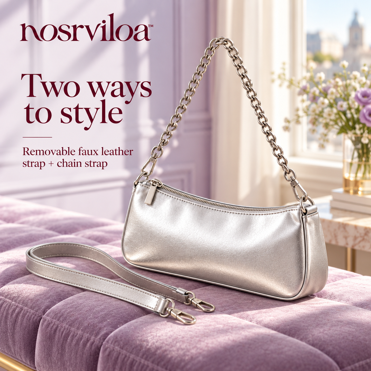 nosrviloa™ CityGlint East-West Shoulder Bag for Women, Metallic Faux Leather Rectangular Purse with Two Removable Straps