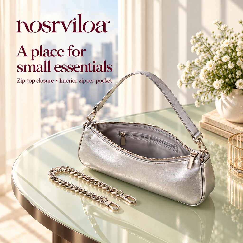 nosrviloa™ CityGlint East-West Shoulder Bag for Women, Metallic Faux Leather Rectangular Purse with Two Removable Straps