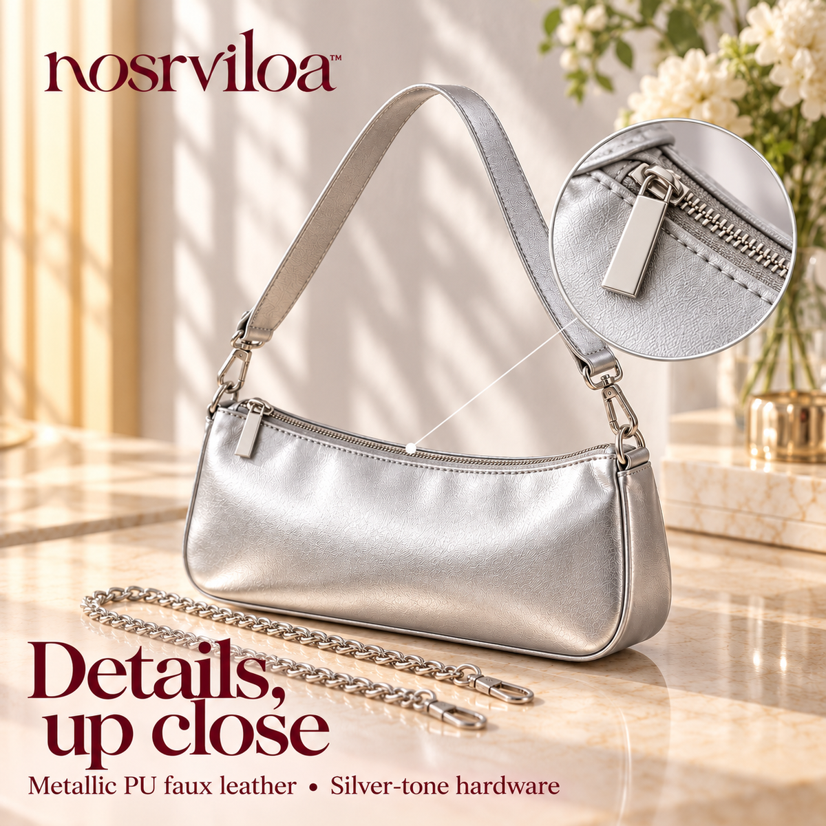 nosrviloa™ CityGlint East-West Shoulder Bag for Women, Metallic Faux Leather Rectangular Purse with Two Removable Straps