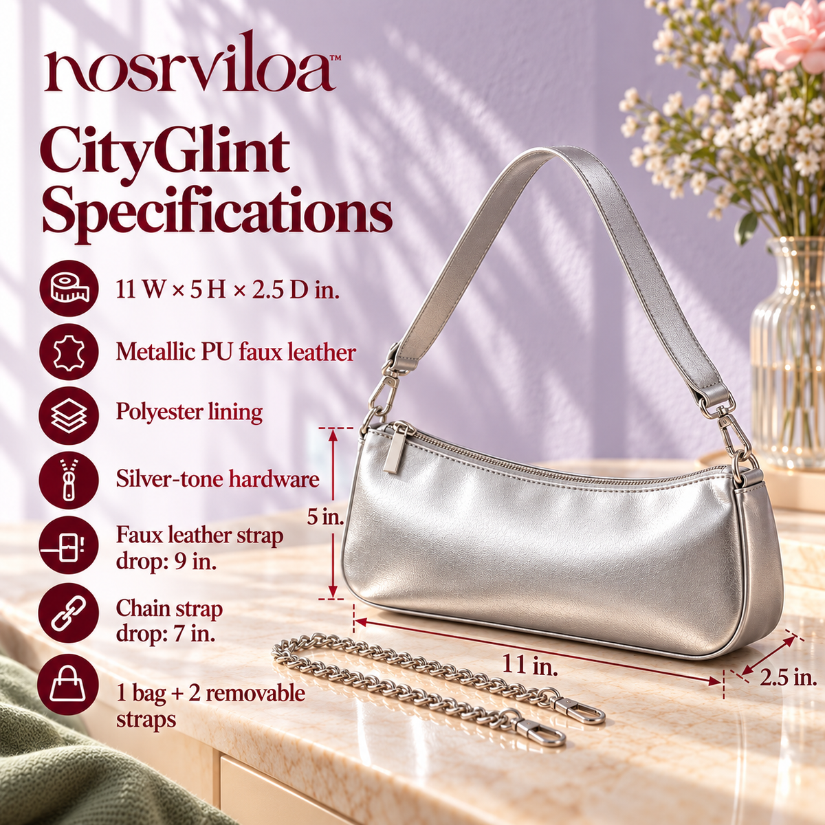 nosrviloa™ CityGlint East-West Shoulder Bag for Women, Metallic Faux Leather Rectangular Purse with Two Removable Straps